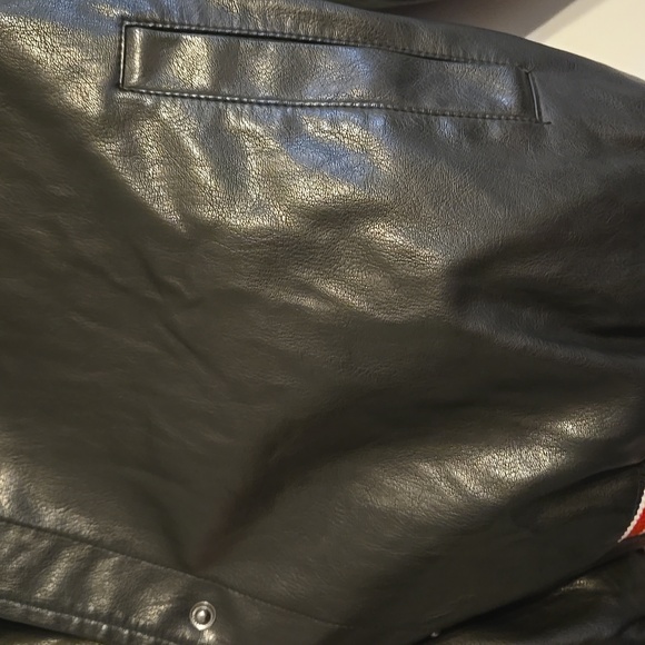 Buttermelon Black Faux Leather Varsity Bomber Jacket with Red & White Trim - Picture 4 of 8